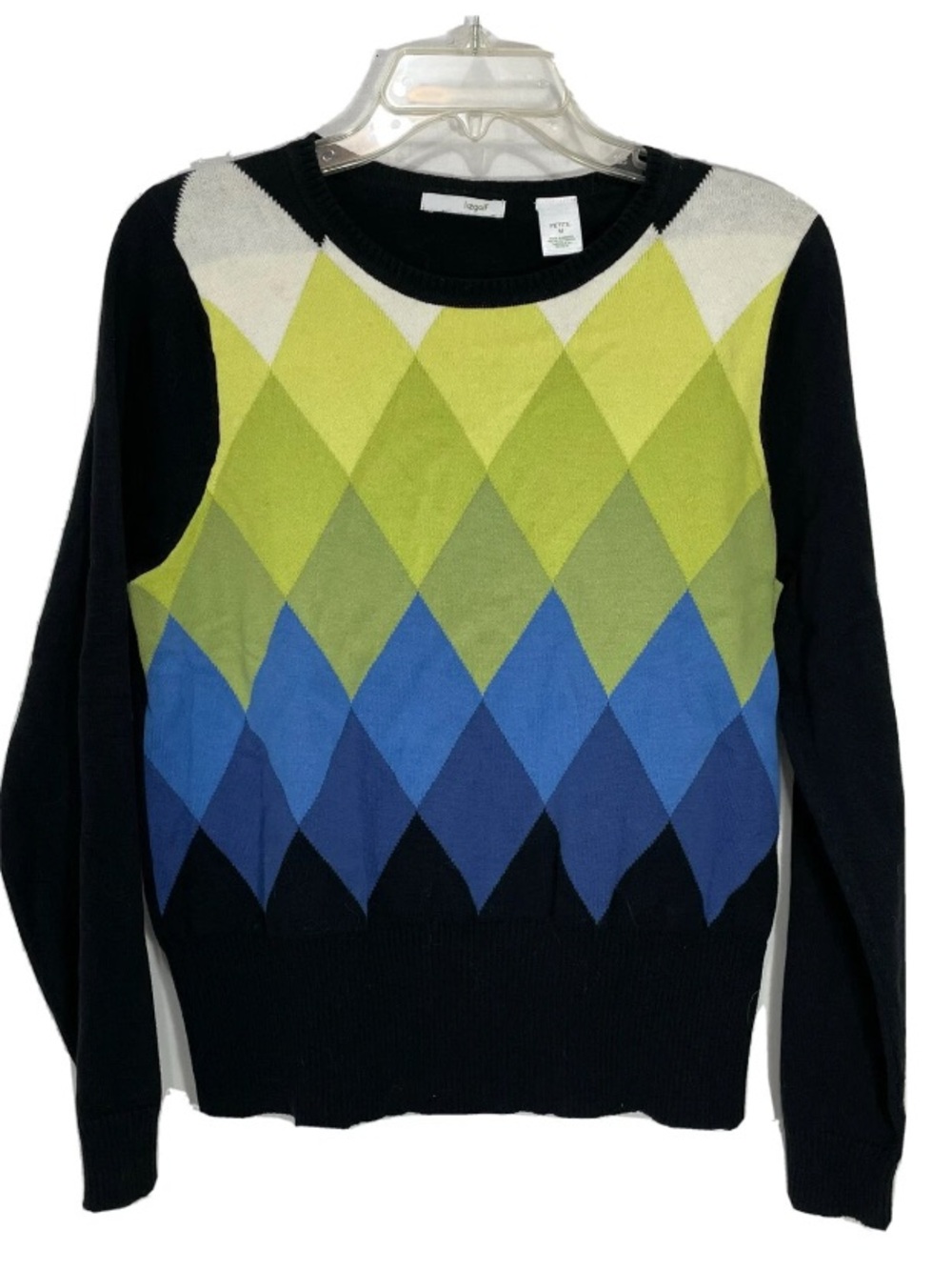 Liz Claiborne Sweater M Argyle Black Blue Green Diamond Cotton Athletic Golf